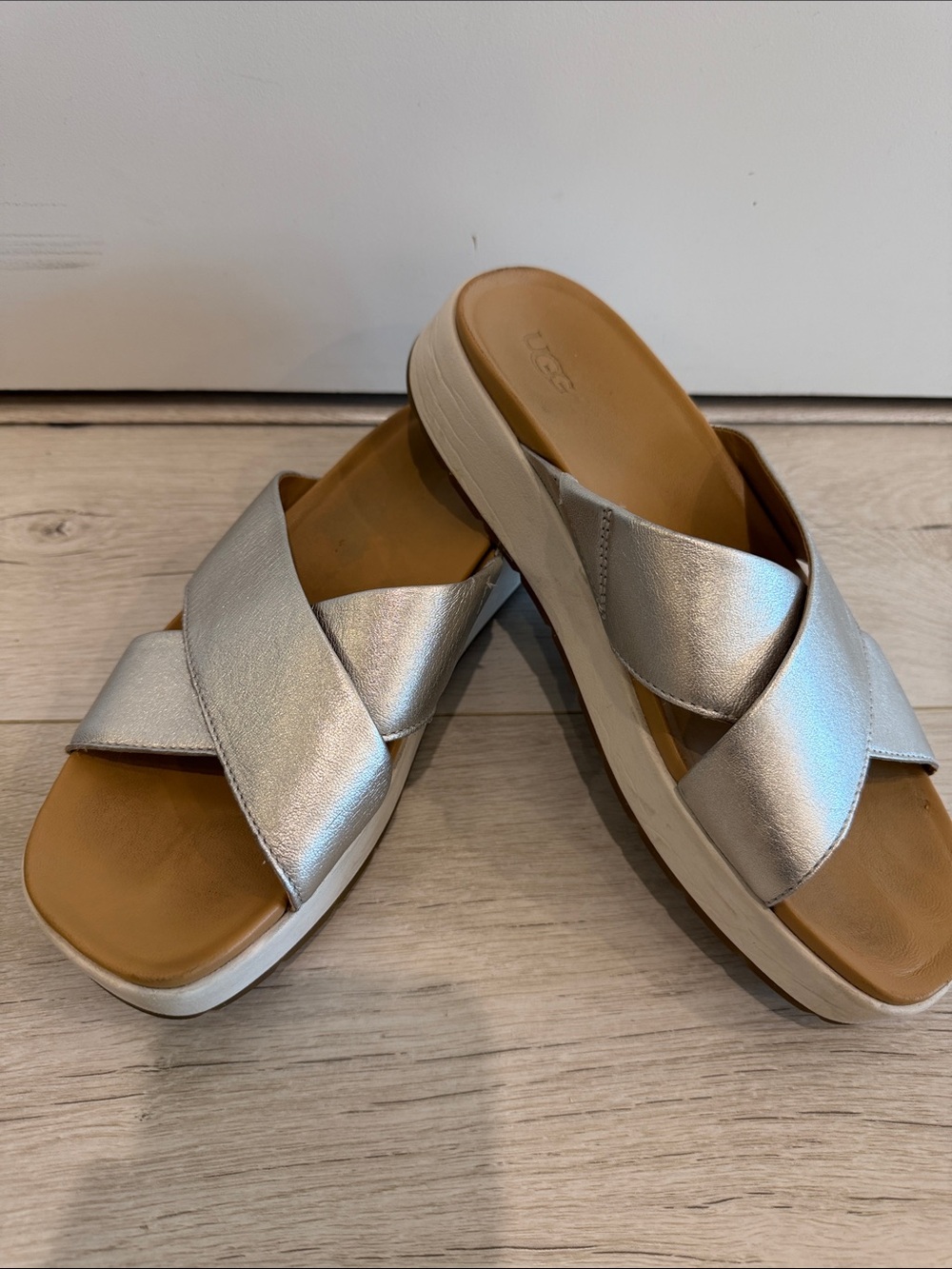 UGG Metallic Silver Crisscross Slide Mules